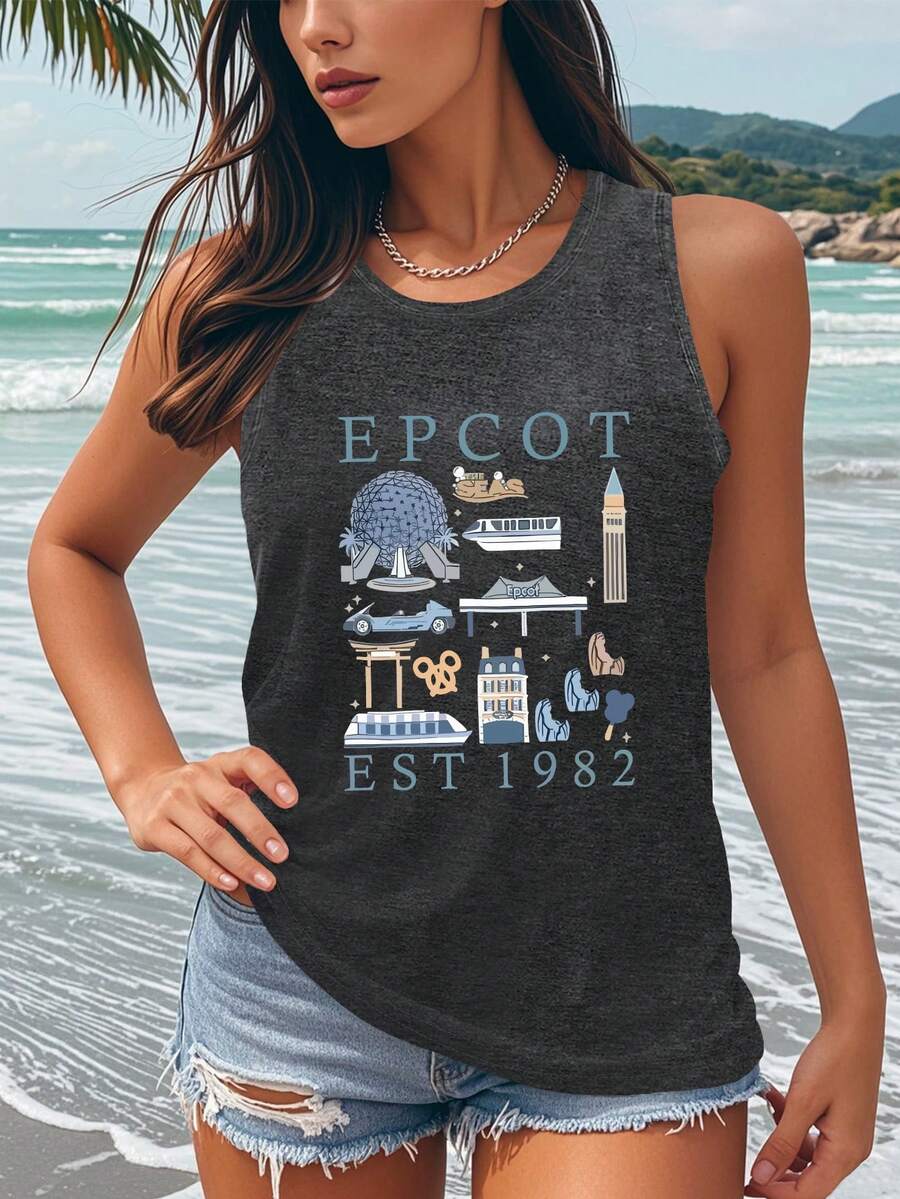 EPCOT EST 1982 Theme Park Print Tank Top For Women, Retro Graphic Loose Fit Sleeveless Vest Casual Summer Vacation Streetwear Top. - 灰色 - 查看 1