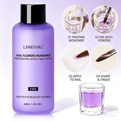 LIMEGIRL 40ml EMA Acrylic Nail Monomer, Professional Acrylic Nail System Monomer, Suitable For Acrylic Powder, Non-Yellowing Nail Monomer, Suitable For 3D Nail Extension, Salon Quality Nail Monomer