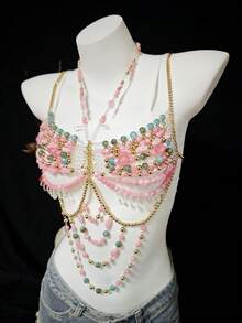 2026 Spring/Summer New Sheer Bodysuits, Unisex Sexy Body Chains, Pearl Necklaces, Lingerie, Transparent Bras For Beach, Party, Holiday, Music Festival - Pink - View 3
