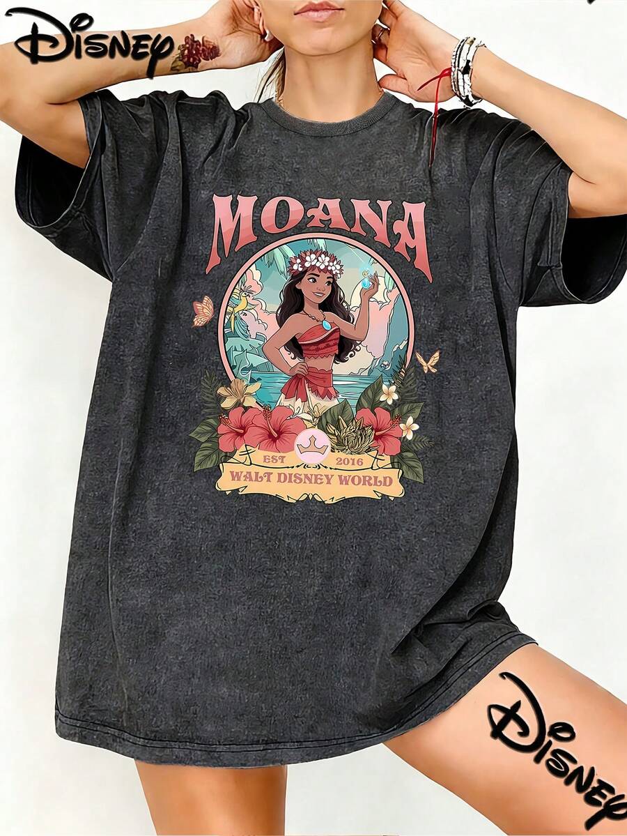 Disney Moana Character Vintage Washed Black Oversized Cotton T-Shirt, Retro Loose Fit Tee For Women, Perfect For Disney Fans, Daily Wear & Gift - màu đen - Xem 1