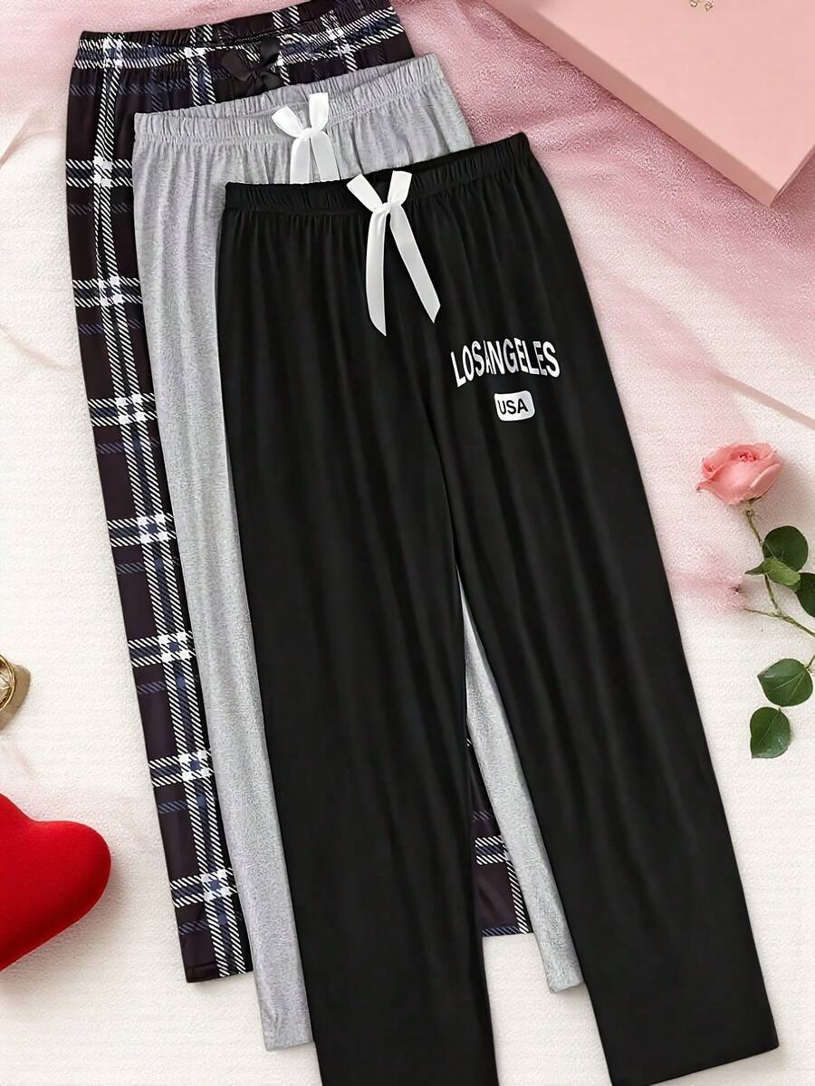 3pcs Plus Size Women's Casual Cropped Pajama Pants Set, Letter "LOSANGELES" Plaid Print With Bow Decor, Elastic Waist Lounge Pants - Multicolor - View 1