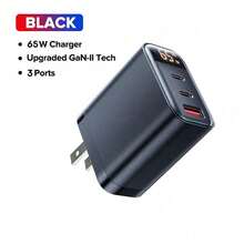 1个65W/45W/30W氮化镓充电器，2个Type-C接口+1个USB-C接口，支持QC4.0快充，兼容 17 Pro Max/17 Pro/17/Air/16/15/14/13/12/11/XS/XR/8/7/6，S25/S24/S23/S22/S21 Ultra Plus - 黑色 - 查看 7