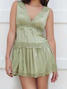 Womens Free Lace Slip Dress  Drop Waist Loose Layering Y2k Sleeveless Boho Flowy Swing Coquette Aesthetic Vintage Summer Ruffle - Army Green - View 3