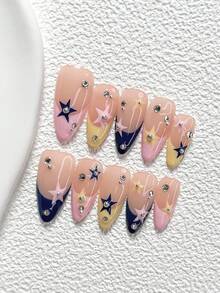 10Pcs Sweet And Edgy Style Handmade Nail Art Set,Unghie Press On,Diamonds, Silver Beads,Star,Yellow, Pink And Blue Nail Polish,Includes Nail Tools,3 Sizes Available,Almond Nails , Duck Nails,Coffin Nails For Party, Dance, Daily Wear - 彩色 - 查看 14