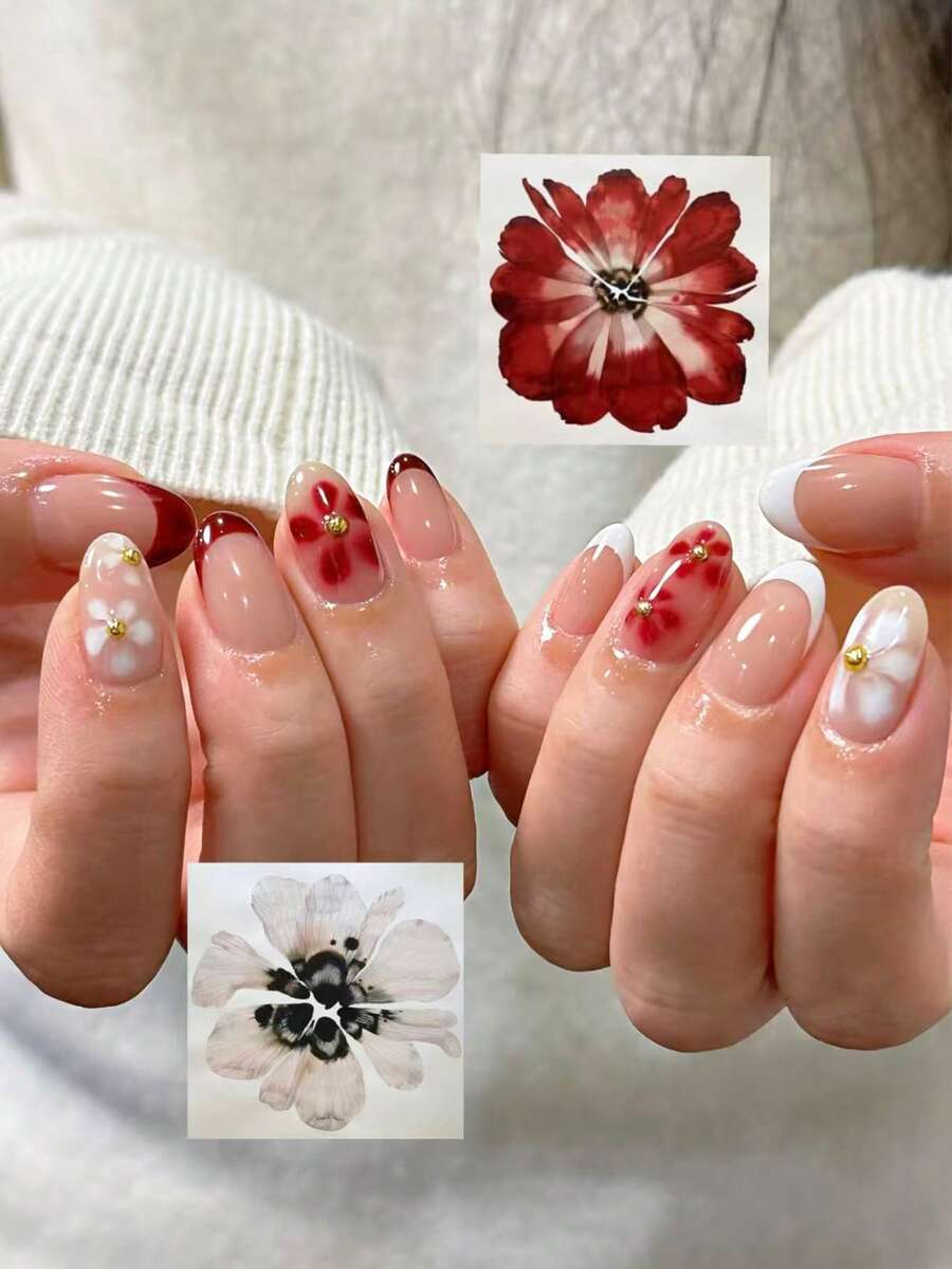 24 piezas de uñas postizas con forma de almendra, con flores rojas y blancas, adecuadas para salidas de primavera/verano, uñas falsas pintadas a mano para niñas dulces - Multicolor - Ver 1