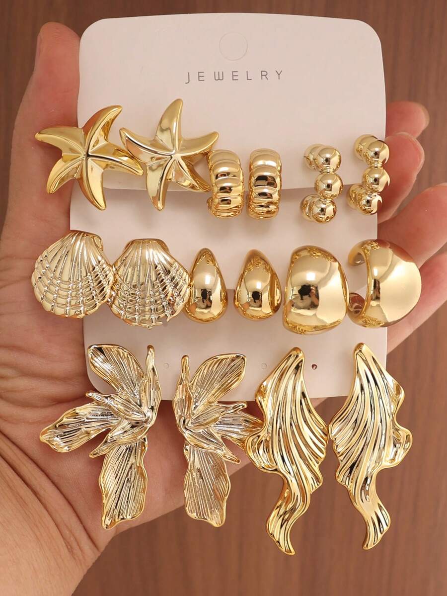4-16pcs Starfish Textured Asymmetric Leaf Earrings, Suitable For Party, Banquet, Travel, Wedding, Vacation, Daily Wear, Jewelry Gift - Gold - View 1