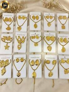 1/6/8 Sets Gold Classic Stainless Steel Jewelry Set, Floral Heart-Shaped Necklace And Earrings Set, Pendant Necklace, Suitable For Women's Daily Wear, Halloween Jewelry, Women's Autumn Accessories - Gold - View 10