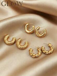 1 Pair Unique Exaggerated Fashion Metal C-Shape Twisted Geometric Earrings Set, Suitable For Teenage Girls Daily, Festival, Party Wear - Three-piece Set B - View 8