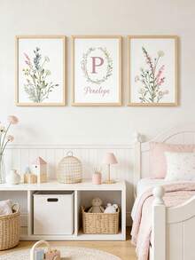 3 件套个性化姓名定制墙面艺术野花帆布海报粉色花卉挂画青少年房间装饰女孩卧室墙面装饰幼儿园装饰海报生日圣诞节礼物无框，适合乔迁新居、旅行收纳等场合 - 粉色 - 查看 12