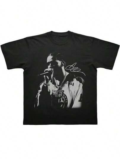 Fashion,All MatchRap Singer - Men'S Drake All The Dogs Graphic T-Shirt - Black &Amp;White Hip Hop Rap Tee With Signature &Amp;Chain Design, Geometric Print Casual Streetwear, Regular Fit Concert Merchandise,Sommer,Tops,Top,T Shirt,Cardigan,,Sommer Top,Standard Fit, All Season Wear