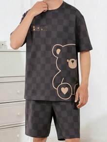 Men's Summer Checkered Heart & Bear Print Short Sleeve Shorts Pajama Set, Comfortable Loungewear - Multicolor - View 4