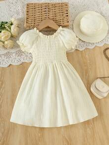 Vestido de niña bebé de unicolor con textura y patrón de volantes, manga abullonada, con sombrero de pescador a juego, adecuado para salidas y vacaciones de verano de 0 a 3 años, de estilo suave y fresco - Albaricoque - Ver 3