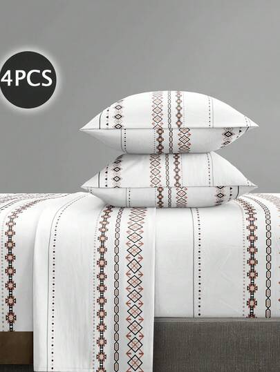 4Pcs White Striped Boho Pattern Sheet Set Bedding Set, 1pc Fitted Sheet & 1pc Flat Sheet& 2pcs Pillowcase Bedding Mattress Protector Set (Not Including Pillow Core)Luxury Fitted Sheet Set King Queen Full TWIN SIZE Sheet Deep Pocket Up To 11.8 Inch Pillowcase, Soft Breathable Wrinkle-Free Better For Sleep, Luxury Hotel Style, Gift For Mom Dad Friend