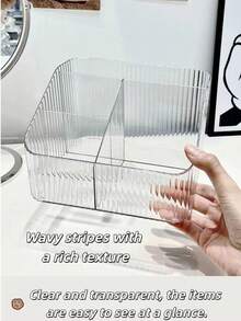 1pc Luxury Vertical Striped Transparent Storage Box, Large Capacity Desktop Organizer For Stationery, Cosmetics And Daily Necessities, Multi-Functional Transparent Pen Holder And Makeup Organizer - Clear - View 6