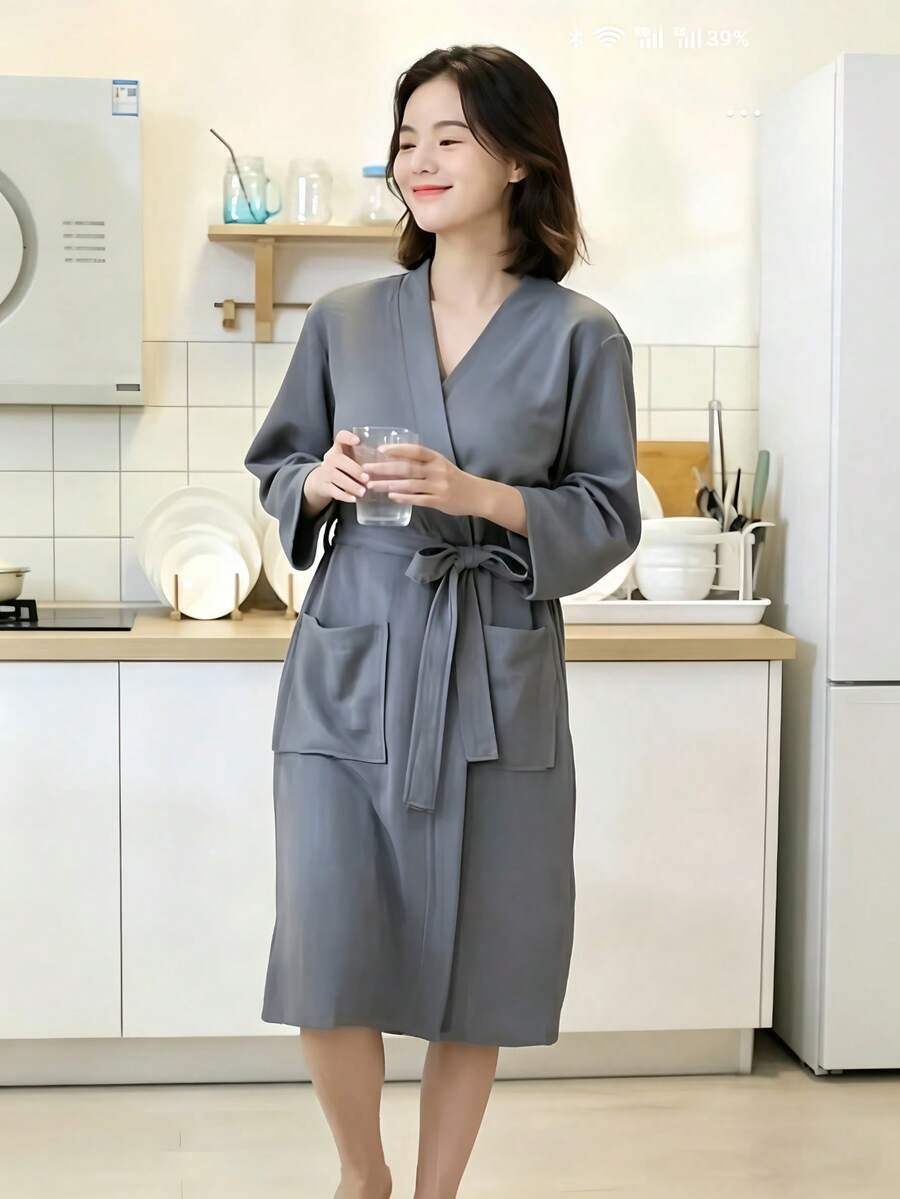 1 Áo choàng tắm nữ, chất liệu nhẹ, kiểu dáng rộng rãi, phù hợp cho khách sạn, spa, mùa xuân và mùa thu, thiết kế unisex. - Xám - Xem 1