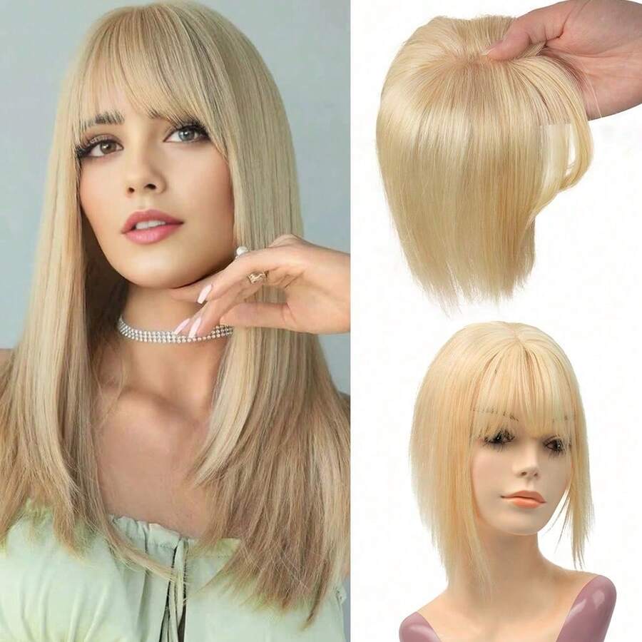 Human Hair Clip-In Bangs Wig, Blonde Straight Hair, Suitable For People With Sparse Hair, Unisex, Versatile Styling, Adds Volume, Multi-Functional Wig, Real Human Hair