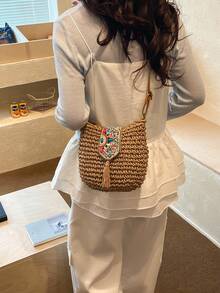 Bolso de paja de moda nueva Primavera/Verano 2026, bolso de hombro/cruzado con flecos, bolso de playa para vacaciones - Caqui - Ver 5