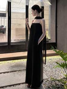 [Y6Y]黑色極簡主義高級標籤長洋裝配蝴蝶結，夏季女款優雅飄逸長洋裝 - 黑色 - 查看 7