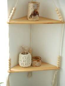 1pc Bohemian Style Double-Layer Wall Hanging Shelf, Macrame Rope Suspended Book Rack, Woven Decor Wall Shelf, Aesthetic Style Room Decor, Rustic Wall Storage Rack, Decorative Display Shelf - Multicolor - View 7