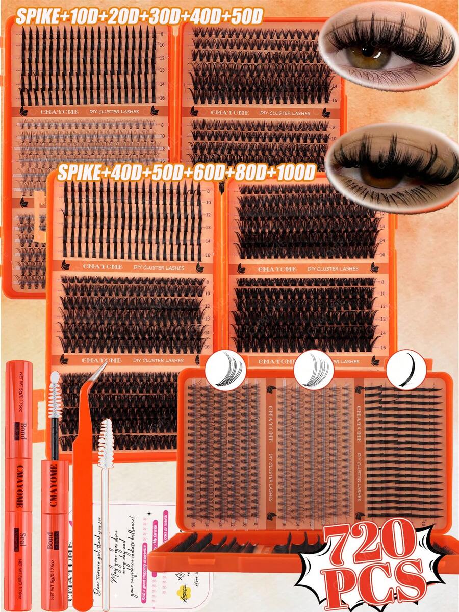 720/684pcs High Capacity DIY False Eyelashes Set, Pointed Tip And 10D-100D D-Curl Natural Lashes, Super Thick And Fluffy, Eyelash Book, Suitable For Daily Use And Beginners, Multi-Style Mixed Lash Cluster Set
