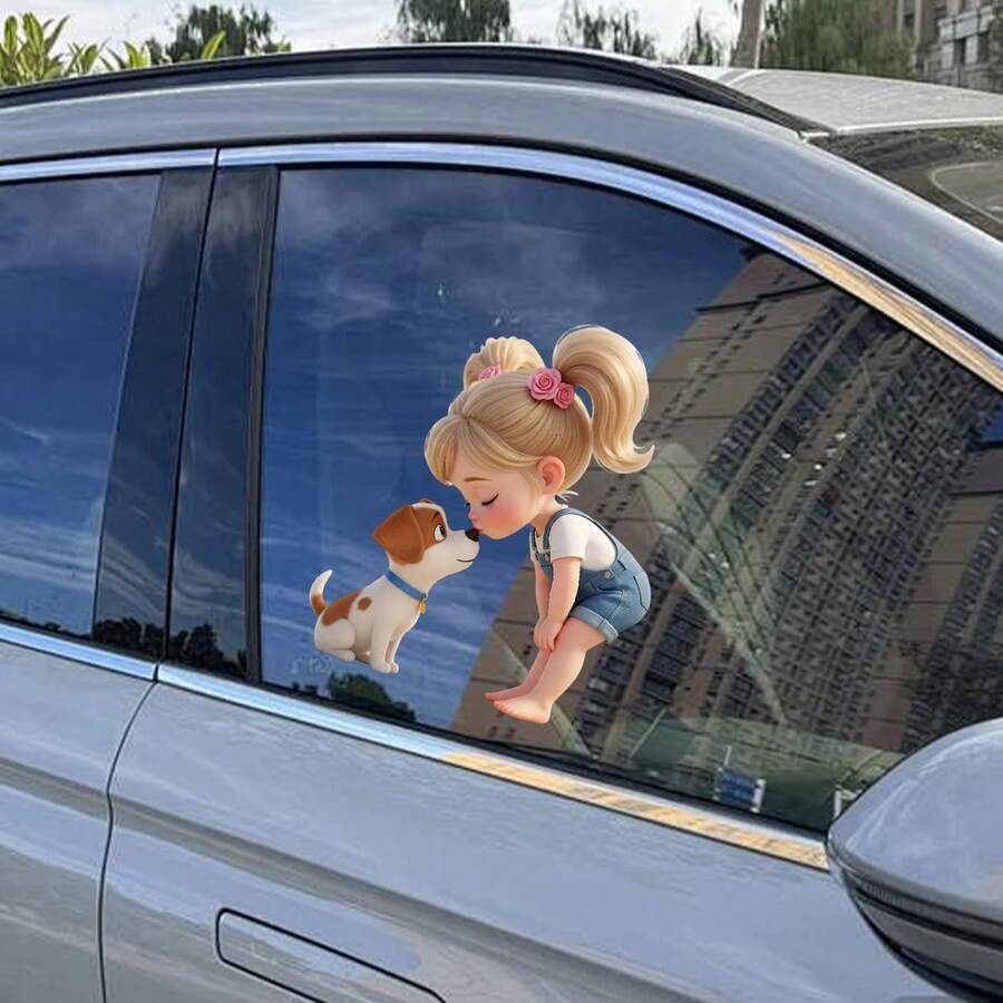 1pc Cartoon Car Sticker, Sweet Blonde Girl Kissing Puppy, Suitable For SUV, Truck Door, Laptop, High-Quality Vinyl Material, Removable, Waterproof And Sunproof, Birthday Gift, Road Trip Decor, Applicable For Windows, Bumpers, Trunk, Attractive Vehicle Decal, Animal Lover Gift, Female New Driver Accessory - A - View 1