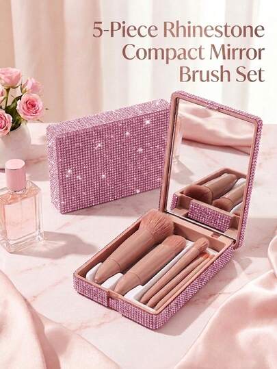 Zestaw 5 pędzli do makijażu z lusterkiem w kompaktowym etui ozdobionym kryształkami, wielofunkcyjny zestaw narzędzi do makijażu z lusterkiem o wysokiej rozdzielczości, miękkie włosie, zawiera pędzle do pudru, cieni do powiek i pędzle do makijażu, stylowy design muszli z kryształkami, idealny w podróży i do poprawek