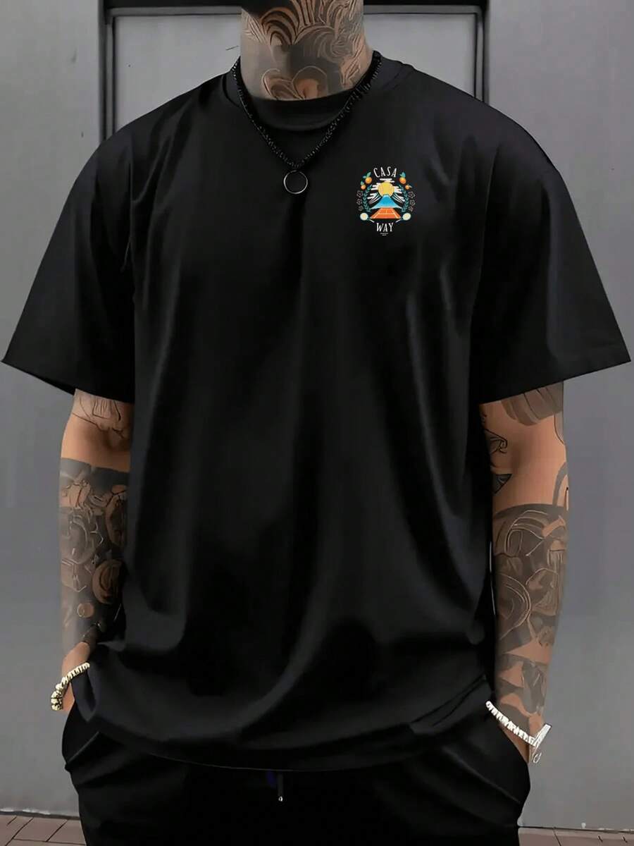 Camiseta de verano para hombre | Camiseta de manga corta suave, transpirable y ligera con raqueta de tenis y detalles en naranja - Camiseta deportiva informal, perfecta para el día a día y actividades deportivas. Camiseta de algodón. - Negro - Ver 1