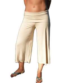 Fold Over Wide Leg Capri Pants For Women Low Rise Lounge Yoga Flare Culottes Y2k Flowy Crop Palazzo Pants Beach - 白色 - 查看 3