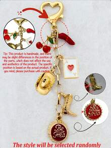 Valentine's Day Theme Keychain, Lucky Bottle Cap Accessory, Ibiza Cherry Gold Keychain. Decorated With Gold Boots, Cowboy Hat, Cute Red Cherries, Red Chili Pepper Accessories, Red Heart Playing Card, And Heart-Shaped Spring Clasp. Suitable To Gift To Your Partner, Mother, Sister, Or Any Woman. Everyday Accessory. - Multicolor - View 10