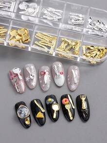 Decoración de uñas con mini cubiertos divertidos de oro y plata, remaches metálicos, estilo Y2K, cucharas y tenedores japoneses, miniaturas para casa de muñecas, decoración de uñas, joyas de uñas, gemas para decoración de uñas - Multicolor - Ver 4