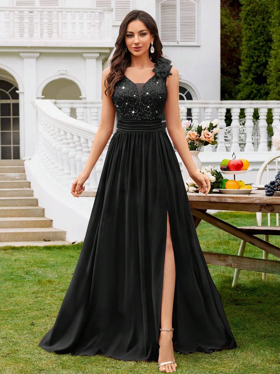 MIUSOL Đầm maxi dài không tay, xẻ cao, chất liệu chiffon, đính sequin và ren hoa, cổ hình trái tim, thích hợp cho tiệc cưới, phù dâu hoặc các dịp trang trọng khác. Màu đen.