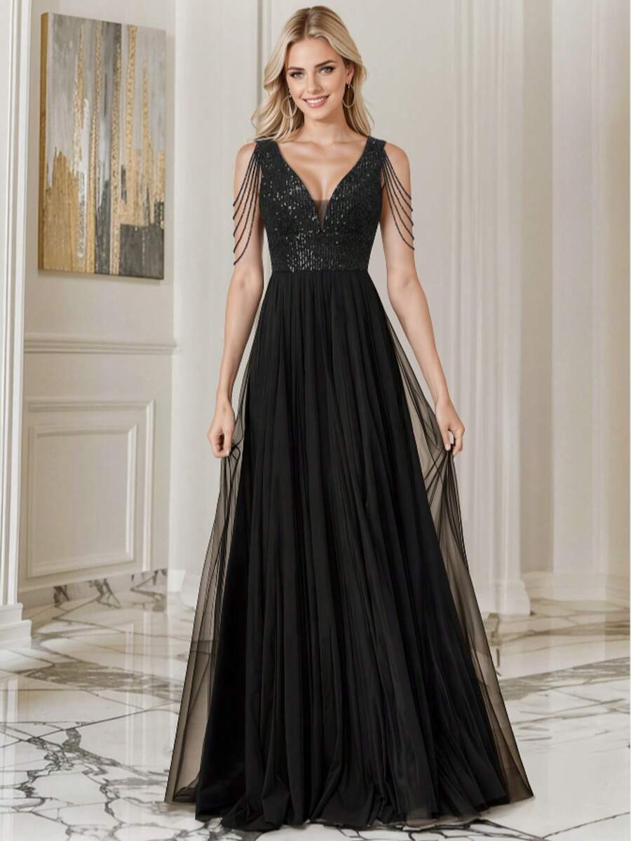 V-Neck Fitted Sequin Embellished Formal Gown - Black - View 1