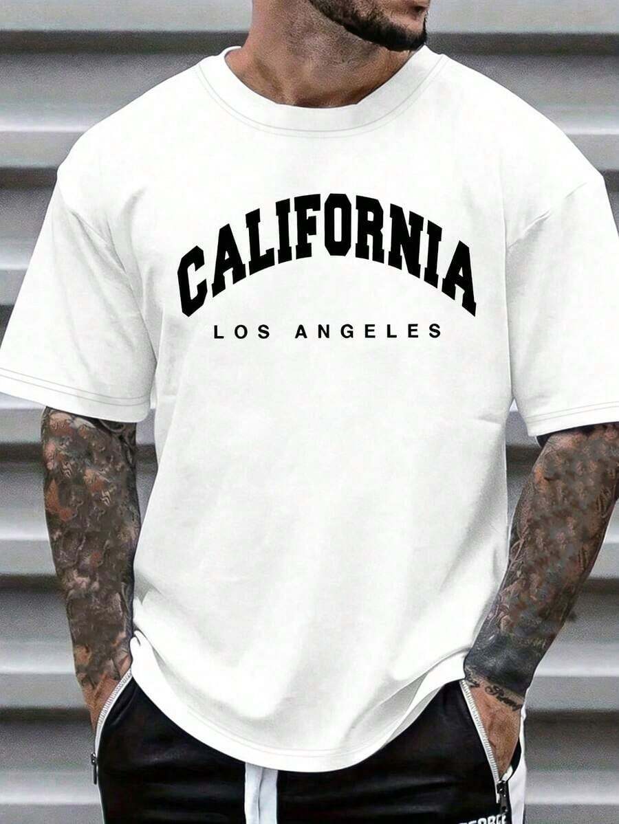 Manfinity Dauomo Men's T-Shirt With Round Neck, Short Sleeves And Letter Print - 藍色 - 查看 1