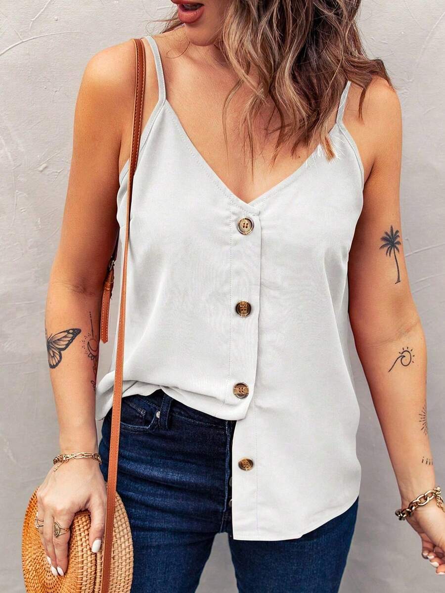 Acelitt Women's Solid Color Vacation Casual V-Neck Camisole White - White - View 1