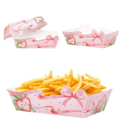 6/12 piezas Platos de papel de postre con diseño de fresa y lazo rosa, cajas de comida desechables adecuadas para decoración de fiesta de cumpleaños, mesa de postres, baby shower