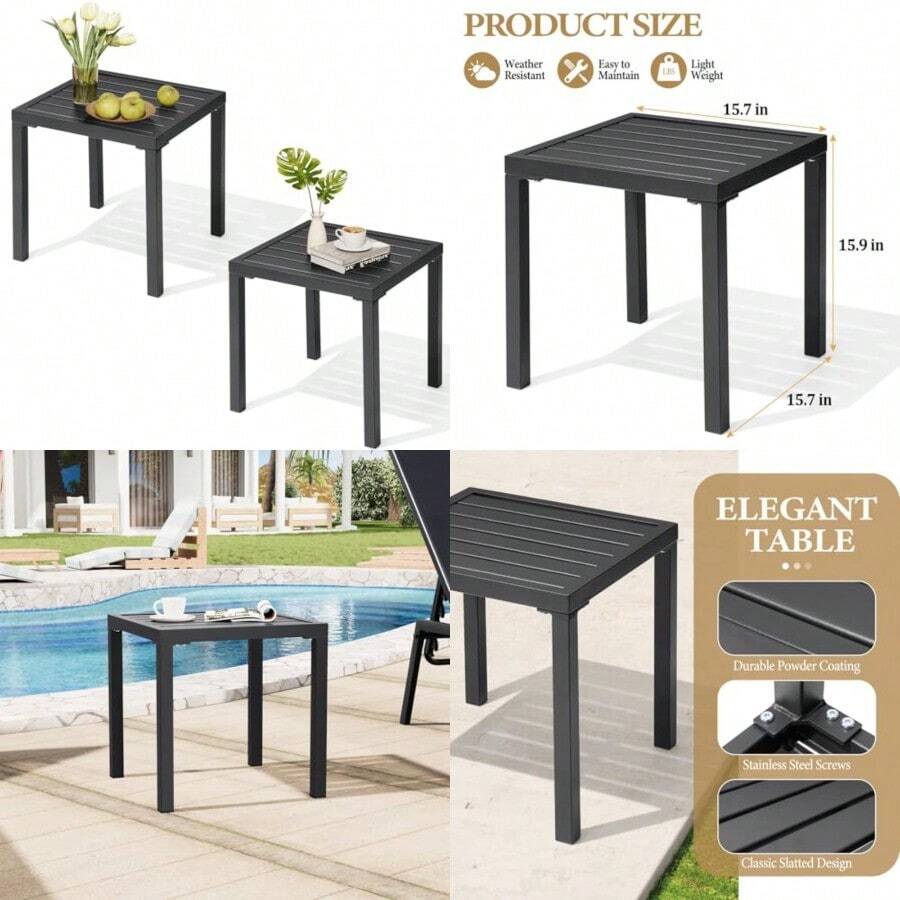 Crestlive Products - Juego de mesas auxiliares para exteriores pequeña mesa auxiliar cuadrada de metal fácil de montar resistente a la intemperie ideal para jardín patio piscina playa balcón - 2 - Ver 1
