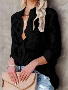 女士春秋经典翻领纹理纽扣长袖衬衫，优雅夏季女士春夏服装，法式轻薄夏季衬衫，女士夏季沙滩罩衫，商务休闲女士衬衫（黑色） - 黑色 - 查看 12