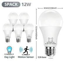 Bóng đèn cảm biến chuyển động Kasotile, 9W/12W (tương đương bóng đèn sợi đốt 80W hoặc 100W), kích hoạt bằng cảm biến chuyển động, tự động bật/tắt từ hoàng hôn đến bình minh, bóng đèn LED an ninh, tùy chọn ánh sáng trắng ban ngày 6000K / trắng ấm 3000K, đế E26/E27, tiết kiệm năng lượng, thích hợp cho chiếu sáng trong nhà và ngoài trời (ví dụ: hiên nhà, cầu thang, hành lang, v.v.) - 5 bóng - trắng - Xem 12