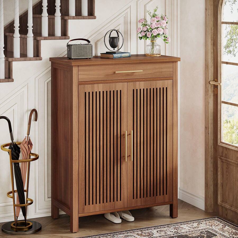 Tribesigns 5-Tier Shoe Cabinet With Louvered Doors & Drawer, Wooden Shoe Storage Organizer With Adjustable Shelves For Entryway Hallway, Brown - 棕色 - 查看 1