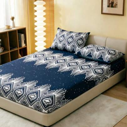 1PC Boho Navy Vintage Geometric Fitted Sheet, Soft Breathable Bedding With Pillowcases, Vintage Aesthetic Pattern Bed Cover For Bedroom Home Decor Suitable For Twin/Full/Queen/King Size Bed, Machine Washable, Ideal For F Bedroom Decor