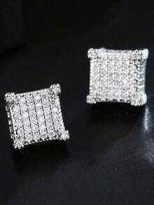 Copper-Tone Cubic Zirconia Square Shiny Stud Earrings, Hiphop Style For Men Party Wear - Bạc - Xem 7