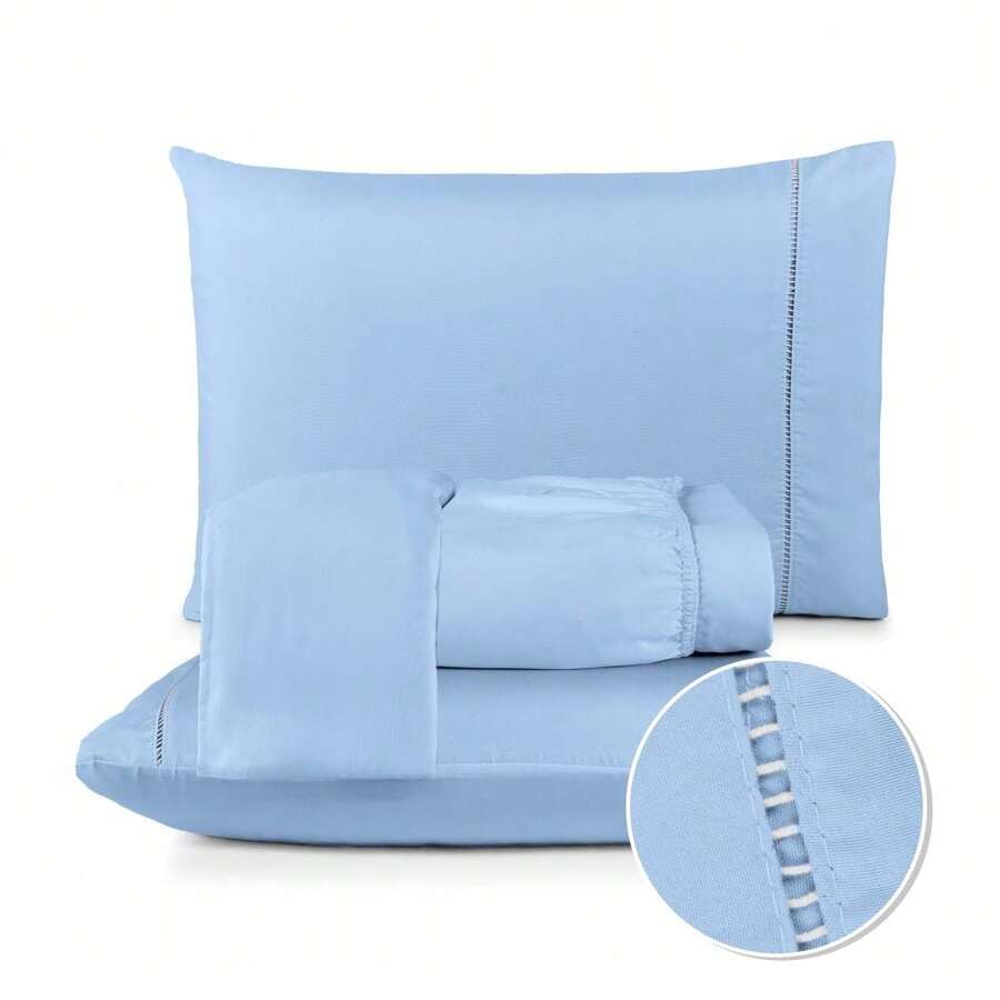Fitted Sheet Set With Elastic + Pillowcase, 400 Thread Count Percale Flex Luxury, Peach Touch, Single, Full, Queen, King - Blue - View 1