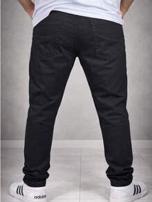Men's Tailored Twill Trousers With Cotton And Elastane, Assorted Colors - Black - View 3