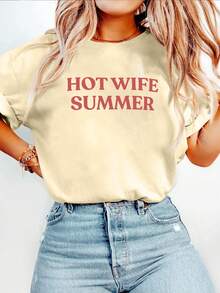 Hot Wife Summer Slogan Print T-Shirt, Summer Vacation Themed Short Sleeve Top For Women, Casual Humor Graphic Tee Vacation Outfits Women Tropical Vacation Outfits - 杏色 - 查看 1