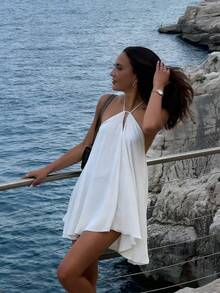 女士夏季度假优雅百搭纯绿色宽松露背系带休闲连衣裙 - 白色 - 查看 9