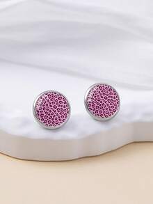 1 Pair Stainless Steel Round Stud Earrings With Pink Leopard Print Pattern, Sexy Minimalist Style Suitable For Women's Daily Wear And Gifts, Elegant Minimalist Jewelry Earrings Suitable For Women's Daily And Holiday Wear - Hot Pink - View 6