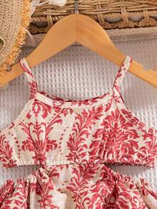 Baby Girls' Vacation Style Spaghetti Strap Hollow Out Dress - Pink - View 4