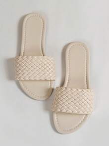 女士平底拖鞋，2025新款蝴蝶结软底轻便透气沙滩拖鞋，休闲夏季凉鞋 - 米色 - 查看 1