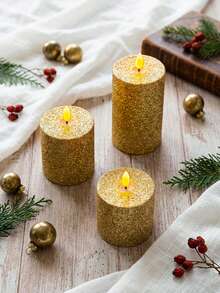 3 pièces Bougies piliers sans flamme avec minuterie et télécommande, bougies à paillettes dorées fonctionnant à piles, convient pour Noël, Halloween, Fête des Mères, Saint-Valentin, table à manger, demande en mariage, anniversaire - or - Voir 4