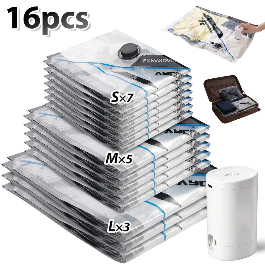 12/16pcs Vacuum Seal Storage Bags With Rechargeable Wireless Pump Travel Reusable Vacuum Storage Bags For Luggage,Clothes, Pillows, Blankets, Bedding, Quilts, Towels, Travel Essentials, Ideal For Sealing Clothes,Organizing Bedding&Travel Packing - 說明印刷- - 查看 1